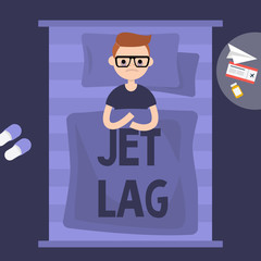 Insomnia. Jet Lag. Young exhausted character lying in the bed. Flat editable vector illustration, clip art
