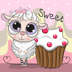 Greeting card Cute Sheep with cake
