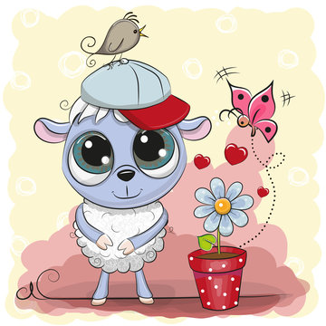 Greeting card cute Sheep with flower