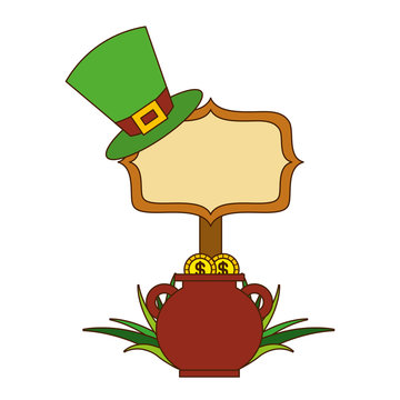 cauldron gold coins green hat and sing board vector illustration