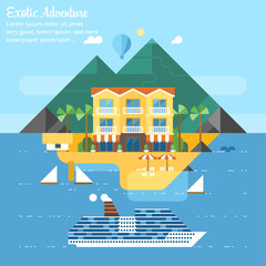 Beach summer landscape. Vacation, relaxation, ocean, sun, palms. Vector flat illustration. Best hotel building on island, best choise. Cruise on liner.