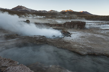 El Tatio geysers, the biggest geysers of the southern hemisphere close to the plateau of San Pedro de Atacama, Calama, Antofagasta - Chile , South America