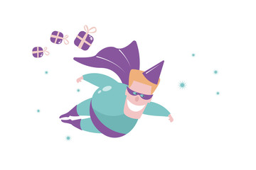 Flying superhero with gifts. Stars. Isolated object.