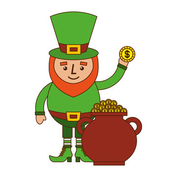 cartoon leprechaun holding gold coin and pot money st patricks vector illustration