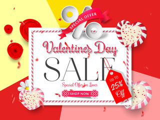 Valentines Day Sale Card with Frame. Special offer valentines day sale promotion up to 25% off. Vector Illustration. Valentines day sale background. Flyers, invitation, posters, brochure, banners.