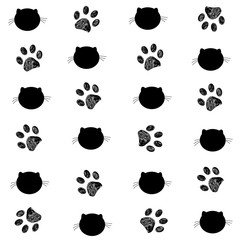 Fototapeta premium Cat and paw prints black white background