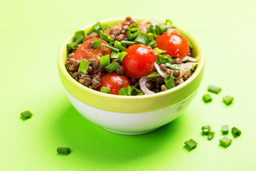 Indian lentil salad with veggies. Healthy food, vegetarian and vegan