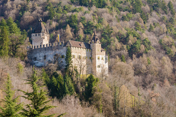Fototapeta na wymiar Castle d'Enna (Schloss Enn in german language): panoramic view of the impressive castle localed on a hill above Montagna in South Tyrol, Bolzano, Italy. It was built in the 13th century.