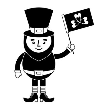 leprechaun character holding flag with clover vector illustration black and white image