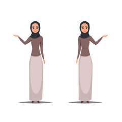 Cartoon business arab woman character with hijab. Smiling girl in hijab pointing left and right. Young Arabic business woman wearing hijab.Vector illustration isolated from white background