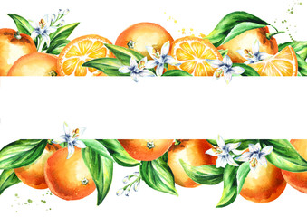 Fresh orange horizontal illusrtation. Watercolor hand drawn background, isolated on white background