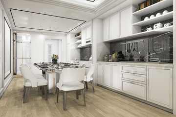 3d rendering beautiful modern white kitchen and dining room