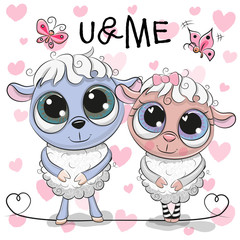 Obraz premium Two Sheep on a hearts background