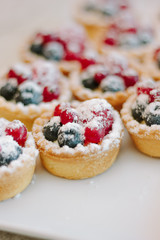 Tartlets with blueberries and raspberry. Small tarts with fruits.
