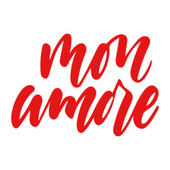 Vector isolated Happy Valentines Day illustration with phrase mon amore. Hand drawn wedding background. Red calligraphy, lettering. For card, print, typography poster, invitation.