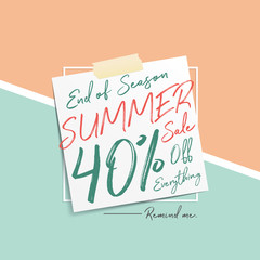 Summer Sale V6 40 percent heading design note pad on pastel background for banner or poster. Sale and Discounts Concept. Vector illustration.