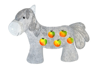 Gray horse in apples. Watercolor illustration.