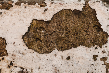 Old concrete wall texture with remains of white paint. Damaged concrete