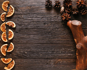 pine cones on a wooden table