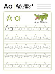 Letter A Alphabet Tracing Book with Example and Funny Alligator Crocodile Cartoon. Preschool worksheet for practicing fine motor skill. Vector Illustration for Children.