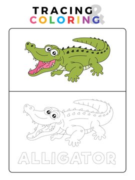 Funny Alligator Crocodile Animal Tracing and Coloring Book with Example. Preschool worksheet for practicing fine motor and color recognition skill. Vector Cartoon Illustration for Children.