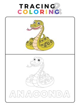 Funny Anaconda Snake Animal Tracing and Coloring Book with Example. Preschool worksheet for practicing fine motor and color recognition skill. Vector Cartoon Illustration for Children.