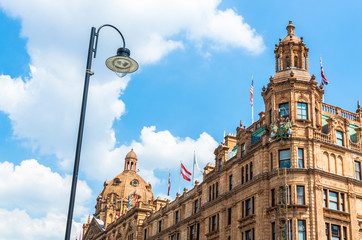 Facade of Harrods, established in 1849, at Knightsbridge in London