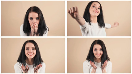 collage of a young beautiful cute brunette on a beige orange background showing different emotions