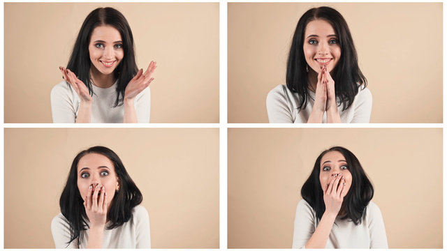  collage of a young beautiful cute brunette on a beige orange background showing different emotions