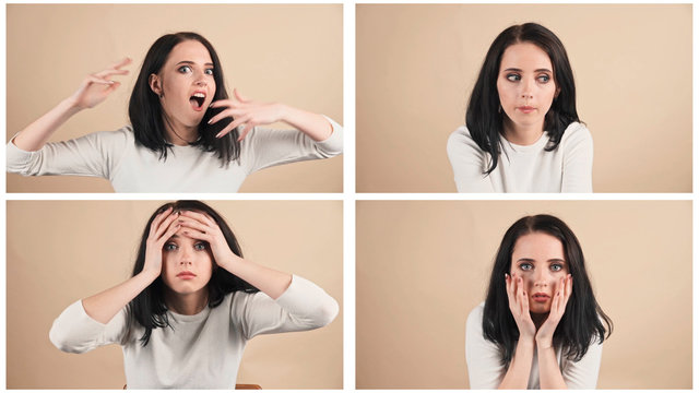  collage of a young beautiful cute brunette on a beige orange background showing different emotions