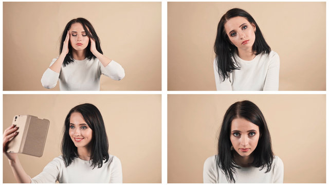 collage of a young beautiful cute brunette on a beige orange background showing different emotions