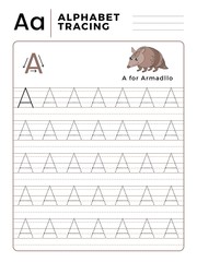 Letter A Alphabet Tracing Book with Example and Funny Armadillo Cartoon. Preschool worksheet for practicing fine motor skill. Vector Illustration for Children.