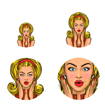 Vector pop art avatar of surprised pin up girl holding her hands in shock to announce discounts or sales. Great icon for networking, web, chat, blog or advertising discounts, sales.