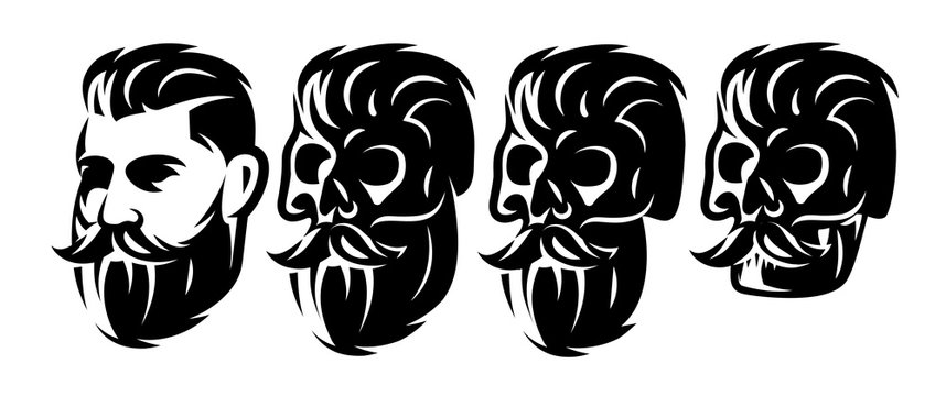 vector style set with male head and skulls with beard and mustache