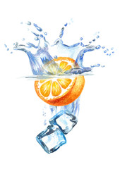 Ice cubes and orange falling into water  isolated on white background