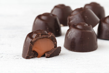 chocolate candies on table, close up view