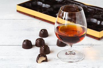 chocolate candies on table, close up view