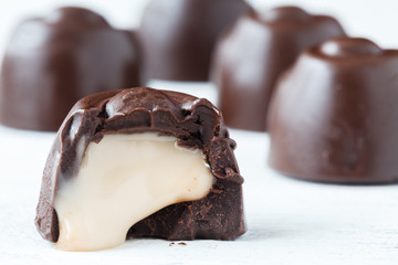 chocolate candies on table, close up view