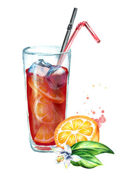 Sangria With Orange. Watercolor Hand Drawn Illustration, Isolated On White Background