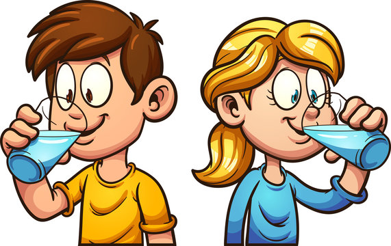 Cute cartoon boy and girl drinking water. Vector clip art illustration with simple gradients. Each on a separate layer. 