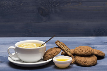 Sweet bakery and tea time. Cookies near tea