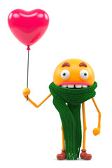 3D character smiley boy with a big round head holding a pink heart balloon. Laughing yellow emoji with long legs and hands. Valentine smiley in a green fluffy scarf. 3d rendering on white background.