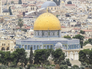 Jerusalem, Israel - view of The Old City of Jerusalem from the Mount of Olives. closeup of the The Dome of the Rock