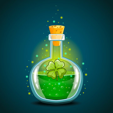 Bottle with clover leaf, magic elixir