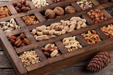 Various nuts in wooden box