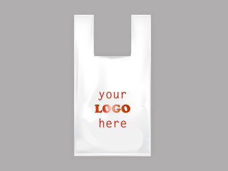3d vector realistic white plastic bag with handles, disposable T-shirt packet with blank space for your advertising, illustration isolated on background. Template, ready mockup for brand design