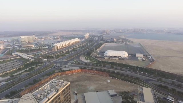 ABU DHABI, UAE - DECEMBER 2016: Aerial view of Yas Island buildings. Abu Dhabi attracts 10 million people annually