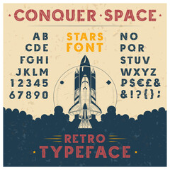 Vintage vector poster with rocket launch and with retro font. Latin alphabet, uppercase, capital letters, numbers and symbols. Old style sans-serif typeface for headlines, signboards - obrazy, fototapety, plakaty