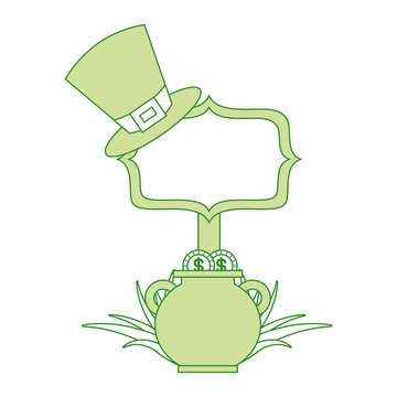cauldron gold coins green hat and sing board vector illustration