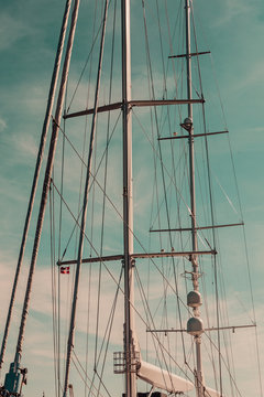 Detailed closeup of mast rigging top on sail boat
